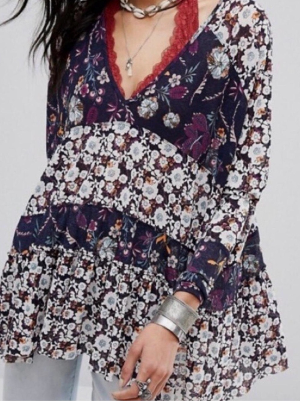 Free People Navy Floral V-Neck Tunic with Pink and Orange Accents